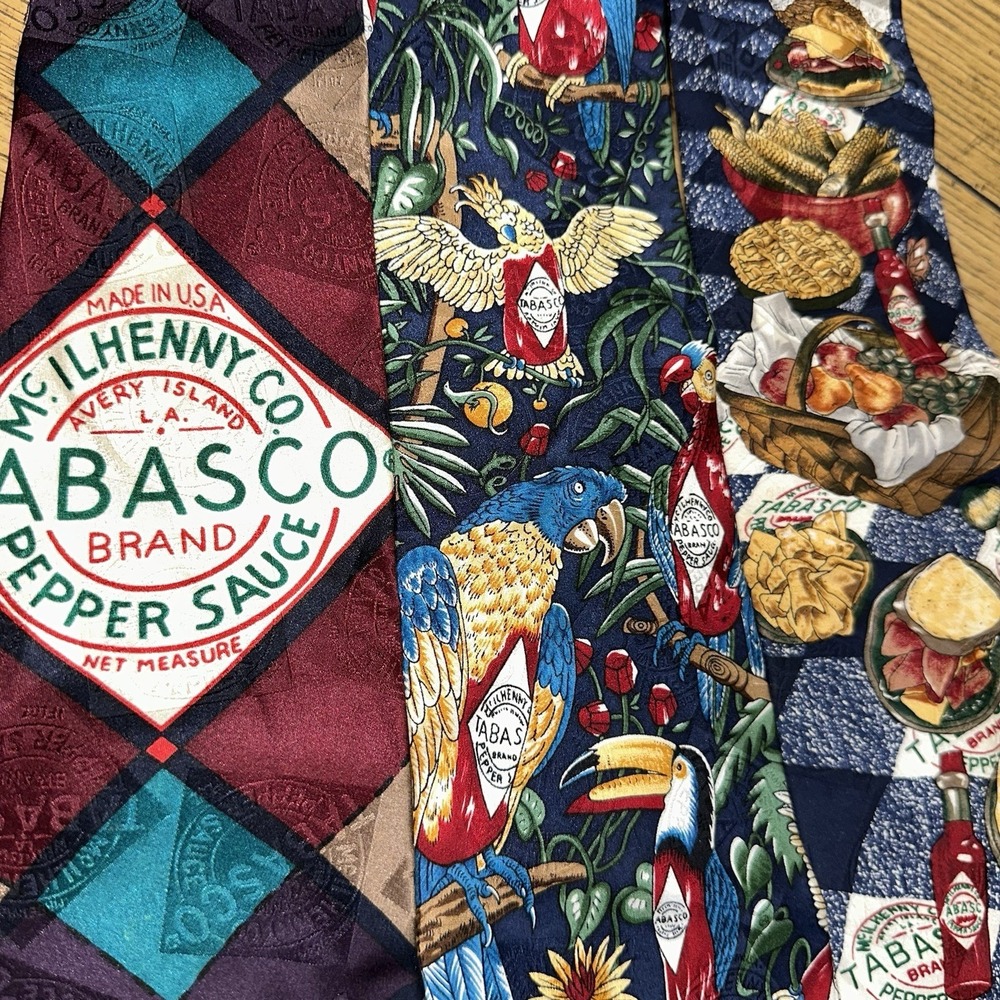 Lot 3 Vintage 90s Tabasco Hot Sauce Silk Neck Tie Novelty Food Picnic Birds USA